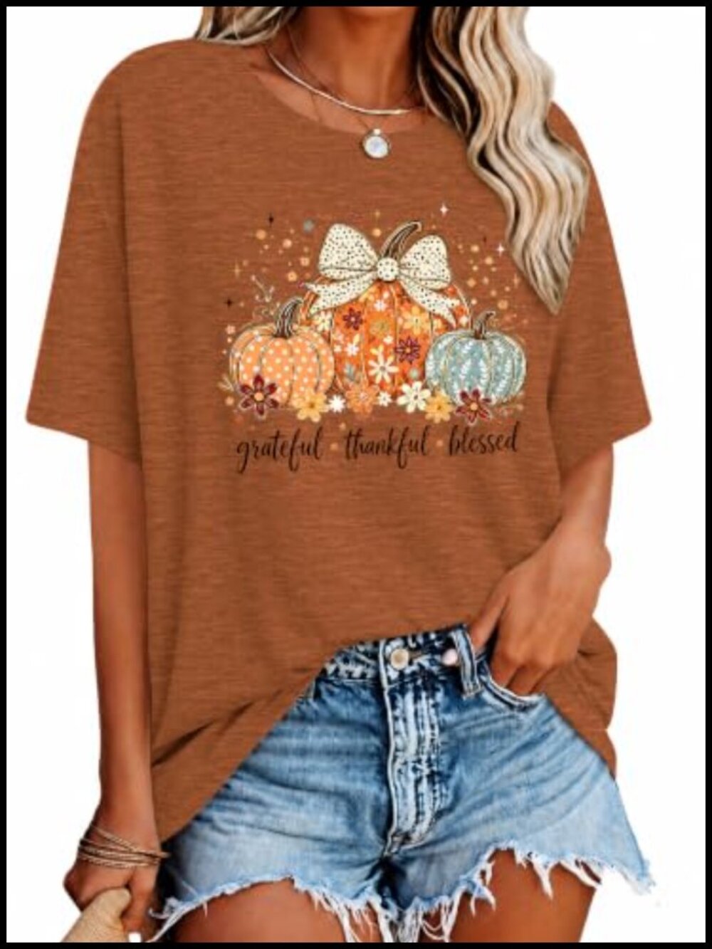 Oversized Thankful Grateful Blessed Pumpkin Graphic Tee Short Sleeve Crew Neck